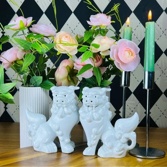 Foo Dog Pair Luxury White Set Ceramic Chinoiserie Guardians Vintage Luxury 6” - Picture 11 of 12